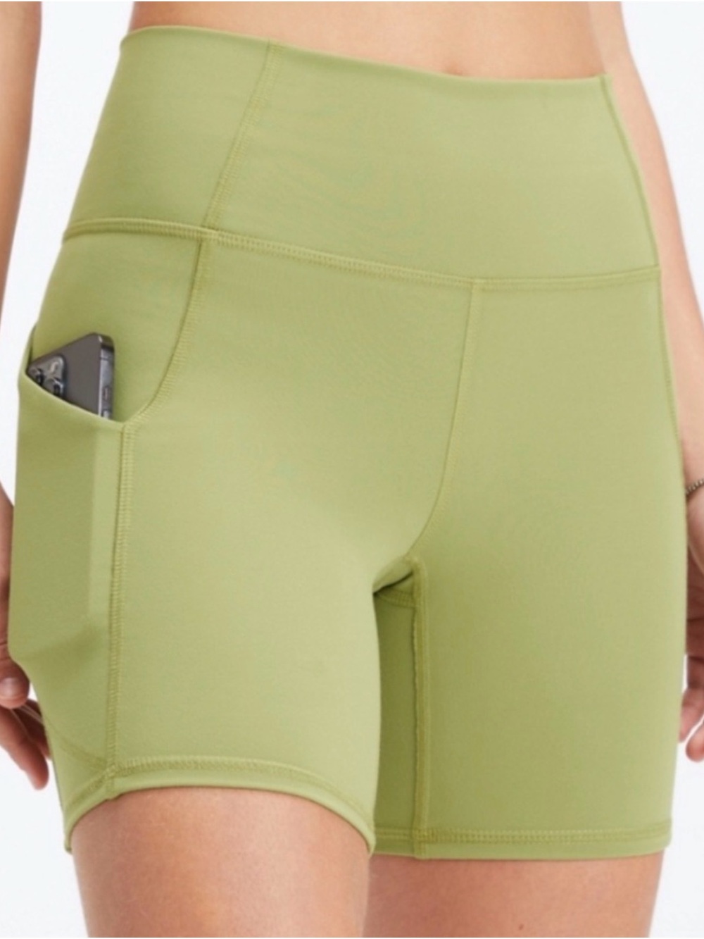 Fabletics PureLuxe Olive Green High-Rise Bike Shorts with Side Pocket